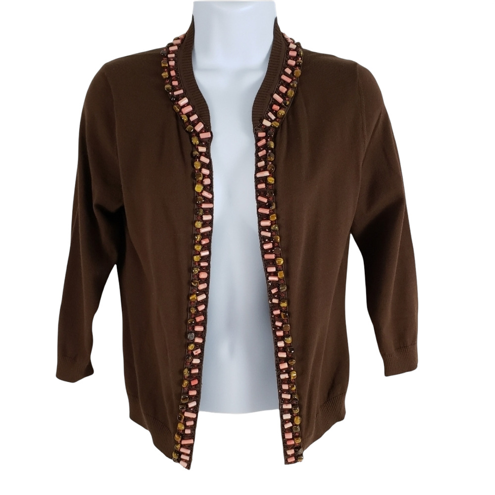 ECCOCI Open Cardigan Beaded Trim Brown Small